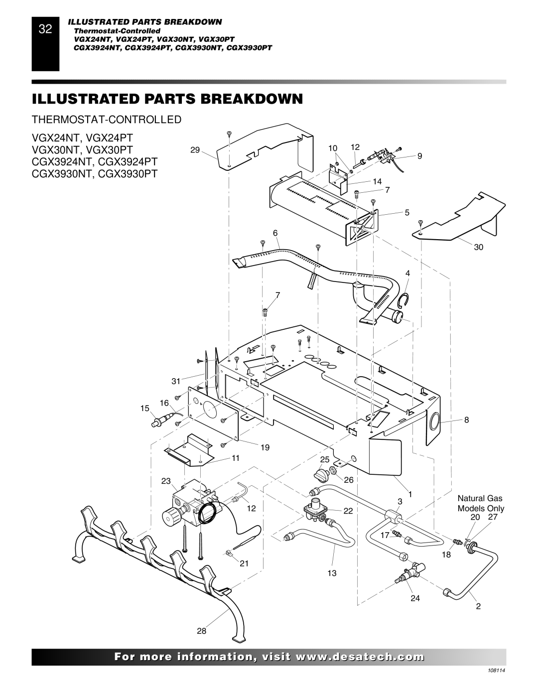 Desa INTERNATIONAL UNVENTED (VENT-FREE) GAS LOG HEATER THERMOSTAT-CONTROLLED VGX24NT, VGX24PT VGX30NT, VGX30PT29 