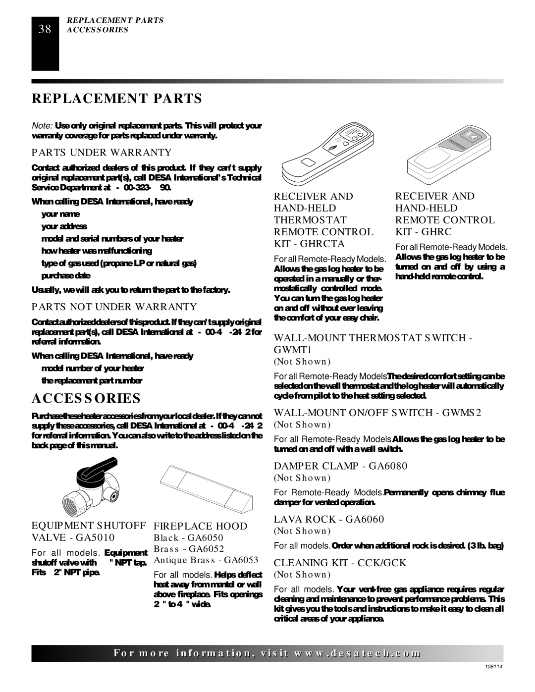 Desa INTERNATIONAL UNVENTED (VENT-FREE) GAS LOG HEATER installation manual Replacement Parts, Accessories 