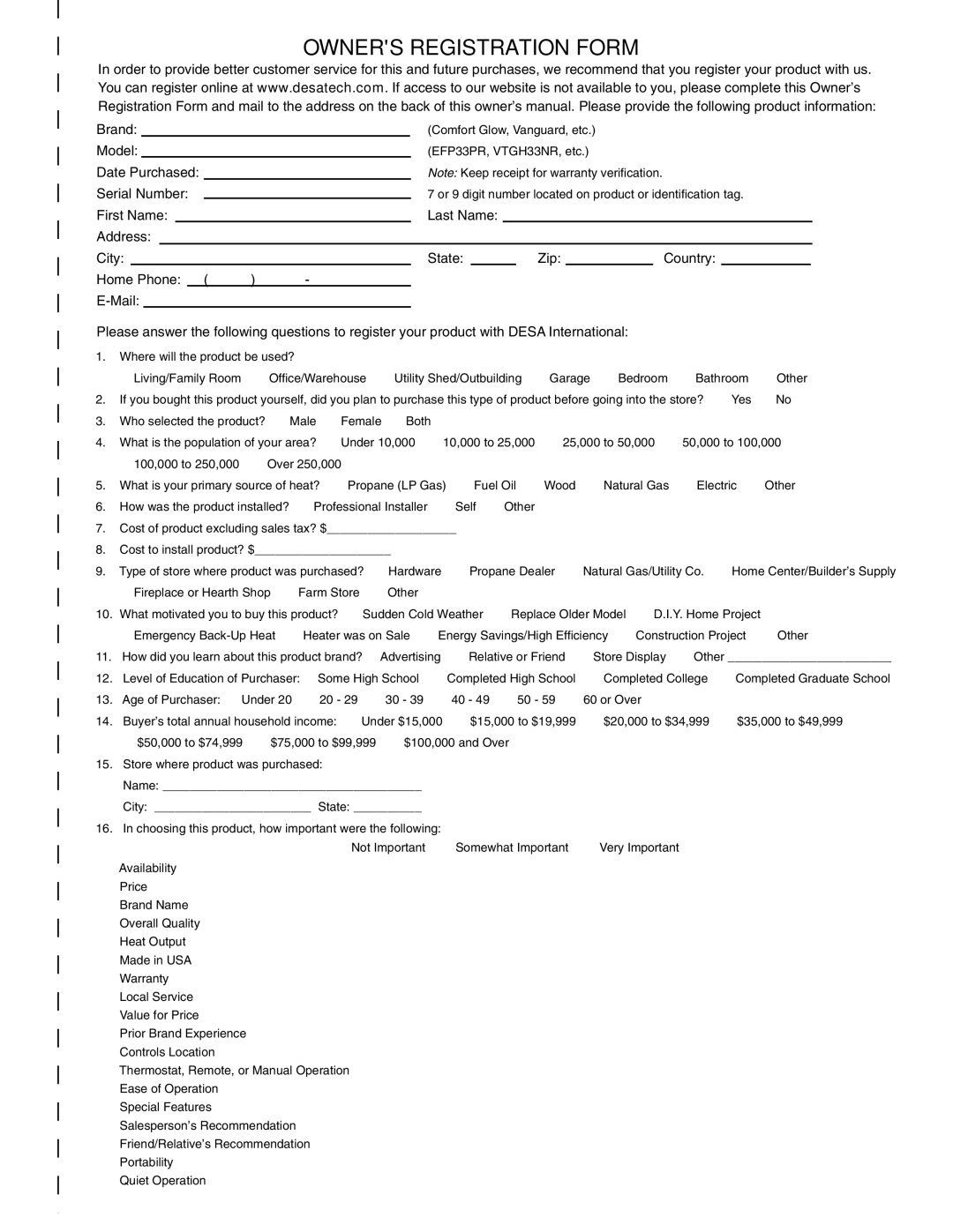 Desa INTERNATIONAL UNVENTED (VENT-FREE) GAS LOG HEATER installation manual Owners Registration Form 