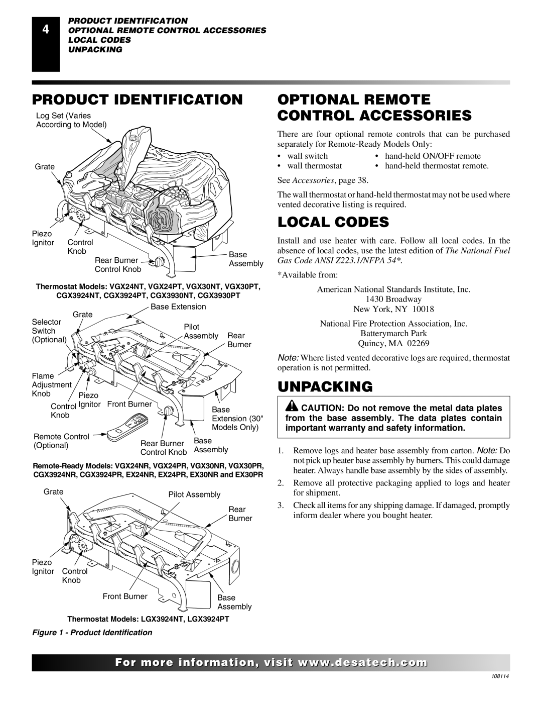 Desa INTERNATIONAL UNVENTED (VENT-FREE) GAS LOG HEATER Product Identification, Optional Remote Control Accessories 