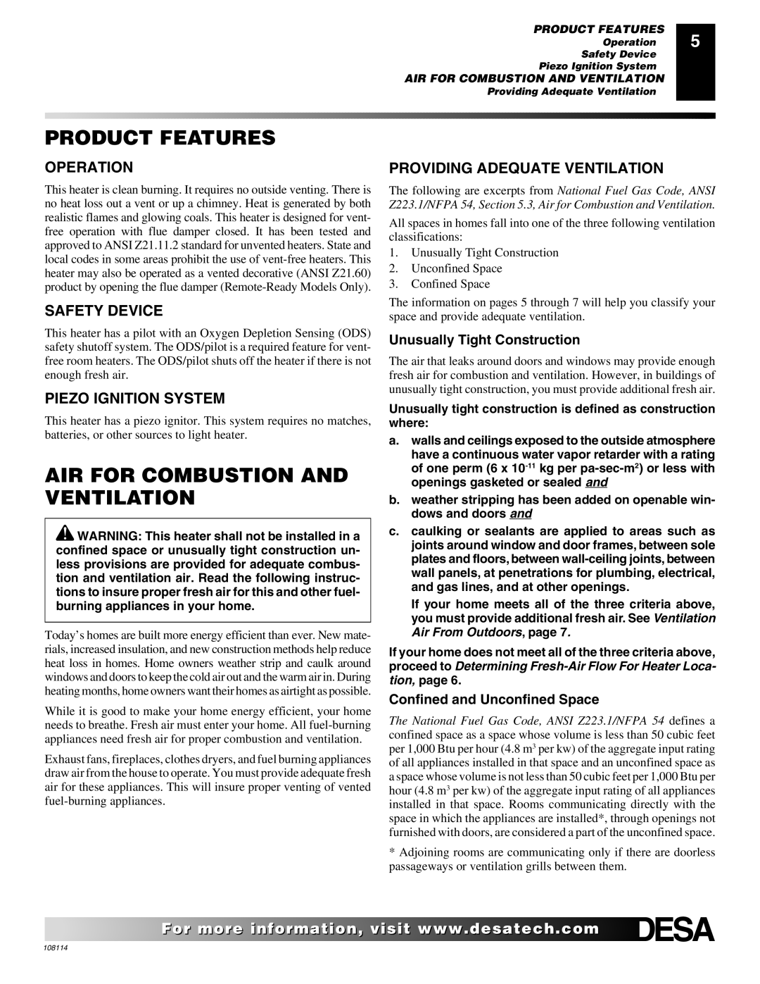 Desa INTERNATIONAL UNVENTED (VENT-FREE) GAS LOG HEATER Product Features, AIR for Combustion and Ventilation 