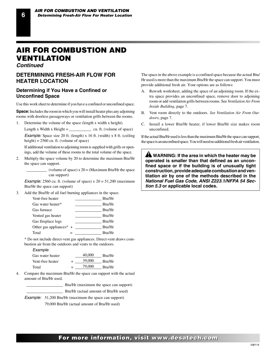 Desa INTERNATIONAL UNVENTED (VENT-FREE) GAS LOG HEATER installation manual Determining FRESH-AIR Flow for Heater Location 