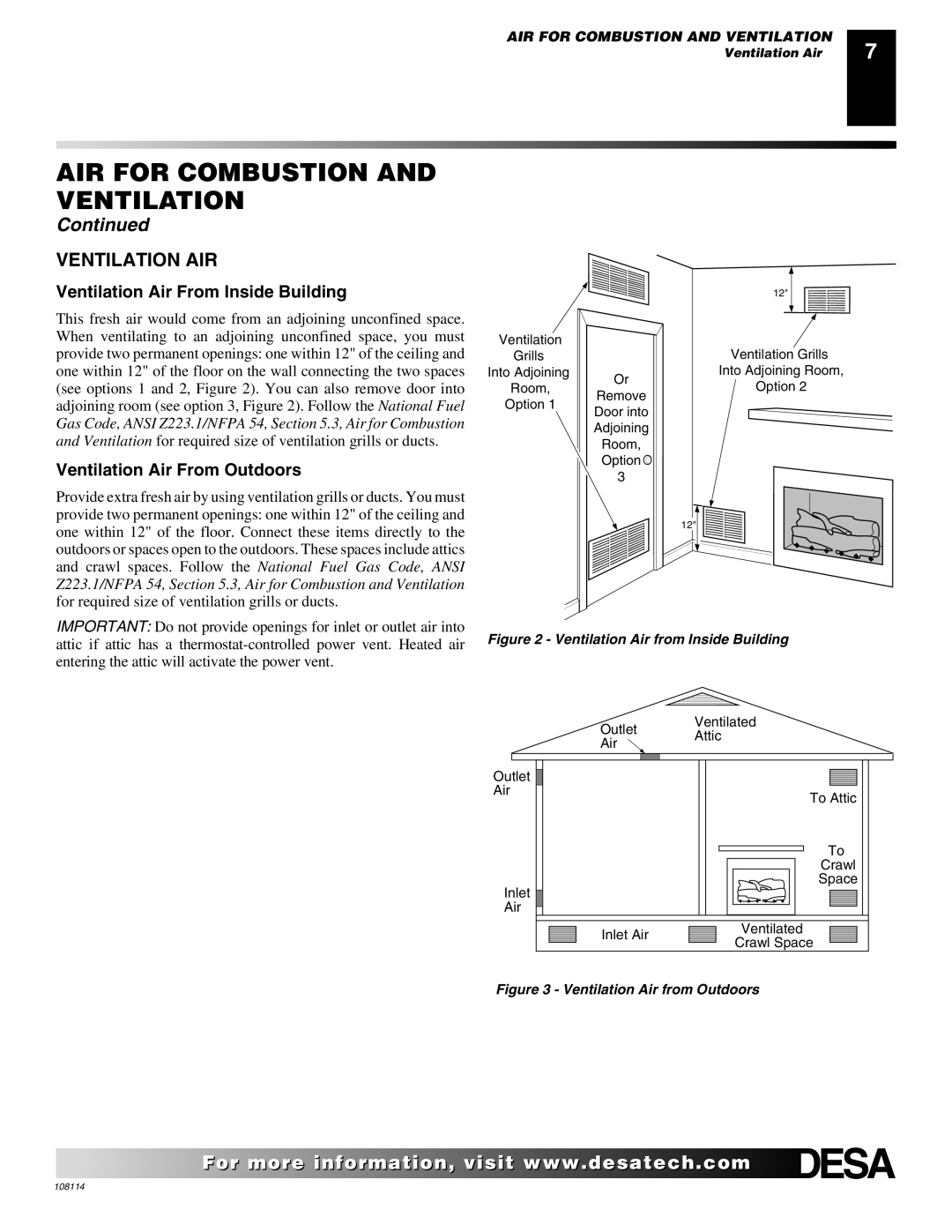 Desa INTERNATIONAL UNVENTED (VENT-FREE) GAS LOG HEATER Ventilation AIR, Ventilation Air From Inside Building 