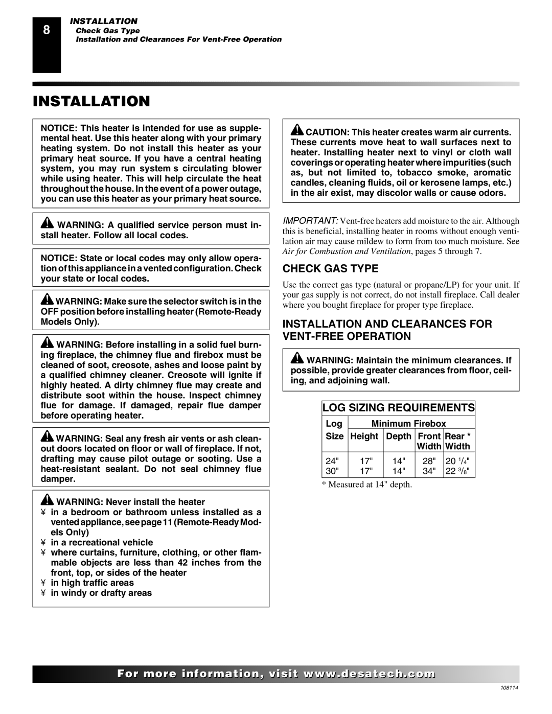 Desa INTERNATIONAL UNVENTED (VENT-FREE) GAS LOG HEATER installation manual Installation, Check GAS Type 