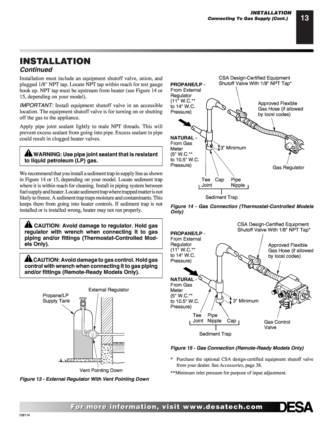 Desa INTERNATIONAL UNVENTED (VENT-FREE) GAS LOG HEATER installation manual Installation, Continued, Propane/Lp, Natural 