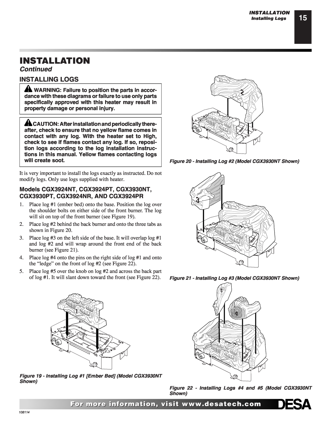 Desa INTERNATIONAL UNVENTED (VENT-FREE) GAS LOG HEATER installation manual Installation, Continued, Installing Logs 