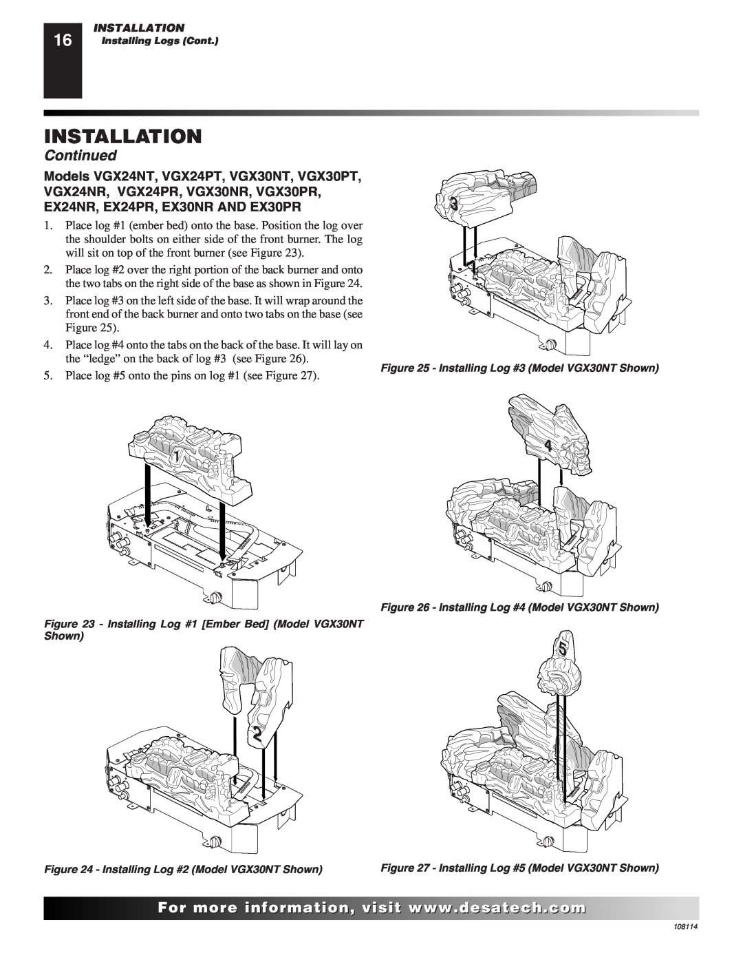 Desa INTERNATIONAL UNVENTED (VENT-FREE) GAS LOG HEATER installation manual Installation, Continued 