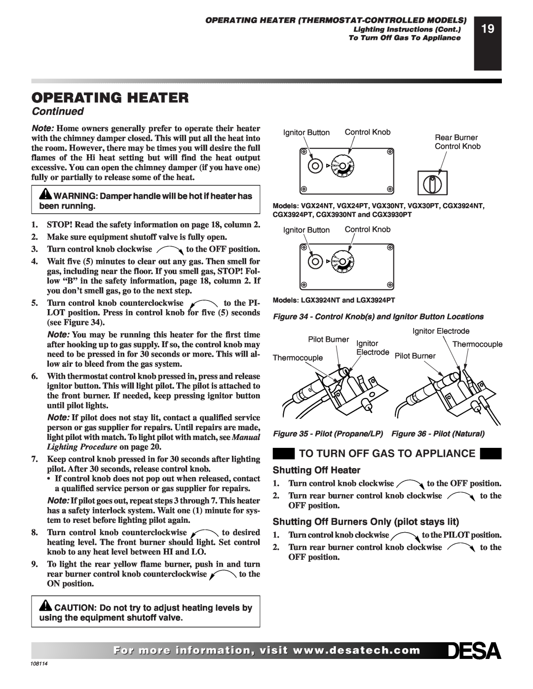 Desa INTERNATIONAL UNVENTED (VENT-FREE) GAS LOG HEATER installation manual Operating Heater, Continued, Shutting Off Heater 