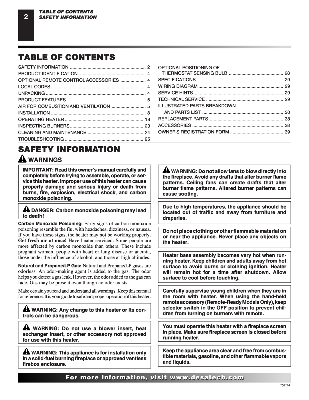 Desa INTERNATIONAL UNVENTED (VENT-FREE) GAS LOG HEATER installation manual Table Of Contents, Safety Information, Warnings 