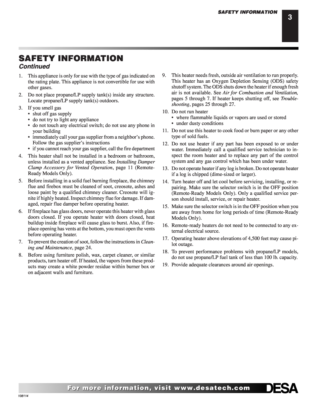 Desa INTERNATIONAL UNVENTED (VENT-FREE) GAS LOG HEATER installation manual Continued, Safety Information 