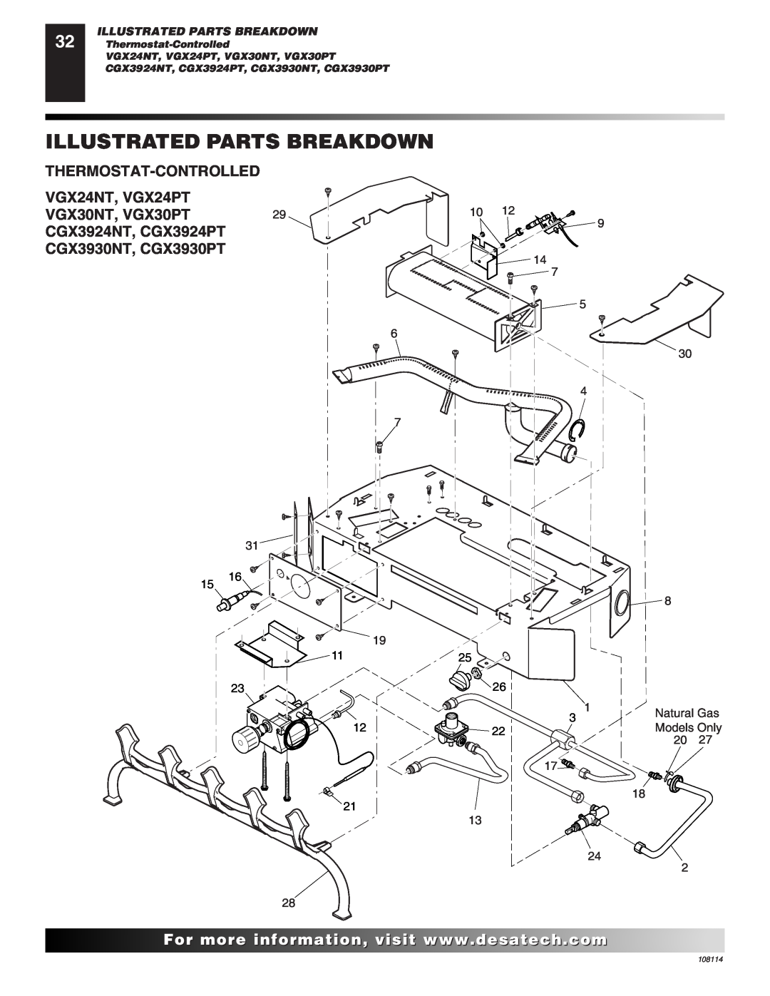 Desa INTERNATIONAL UNVENTED (VENT-FREE) GAS LOG HEATER Illustrated Parts Breakdown, Thermostat-Controlled, 108114 