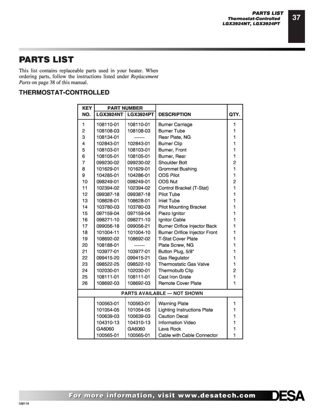 Desa INTERNATIONAL UNVENTED (VENT-FREE) GAS LOG HEATER Parts List, Part Number, LGX3924NT, LGX3924PT, Description 