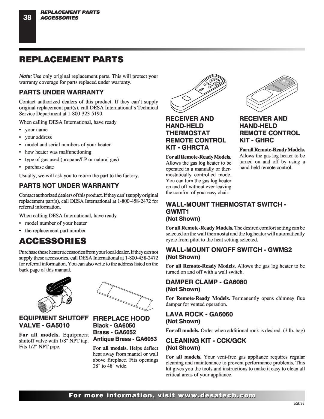 Desa INTERNATIONAL UNVENTED (VENT-FREE) GAS LOG HEATER installation manual Replacement Parts, Accessories 