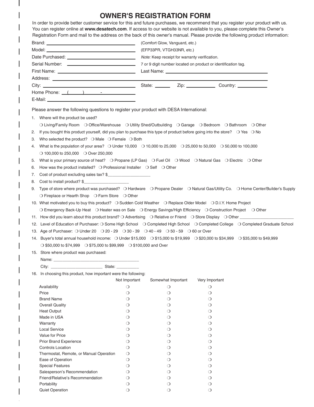 Desa INTERNATIONAL UNVENTED (VENT-FREE) GAS LOG HEATER installation manual Owners Registration Form 