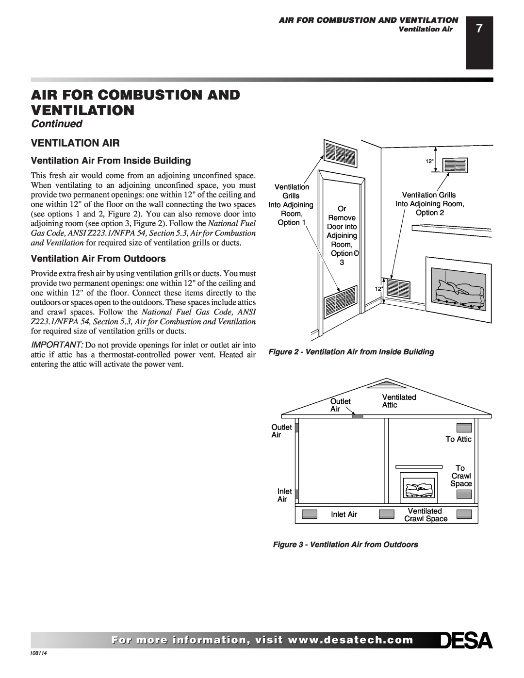 Desa INTERNATIONAL UNVENTED (VENT-FREE) GAS LOG HEATER installation manual Air For Combustion And Ventilation, Continued 
