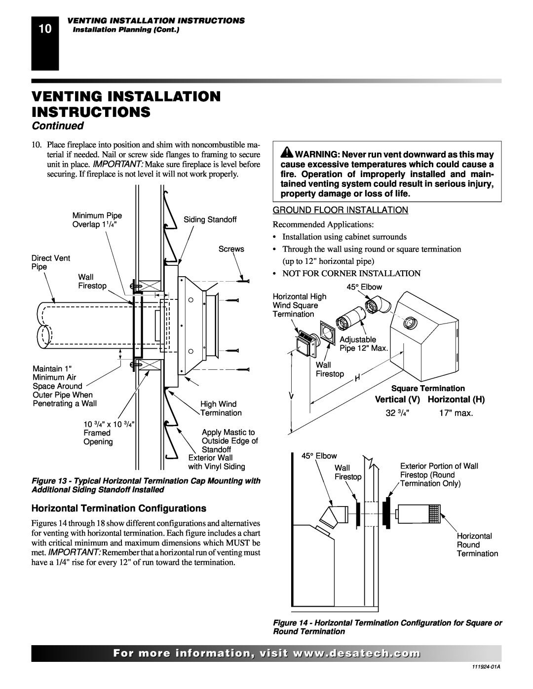 Desa K36EP, K36EN installation manual Venting Installation Instructions, Continued, Horizontal Termination Configurations 