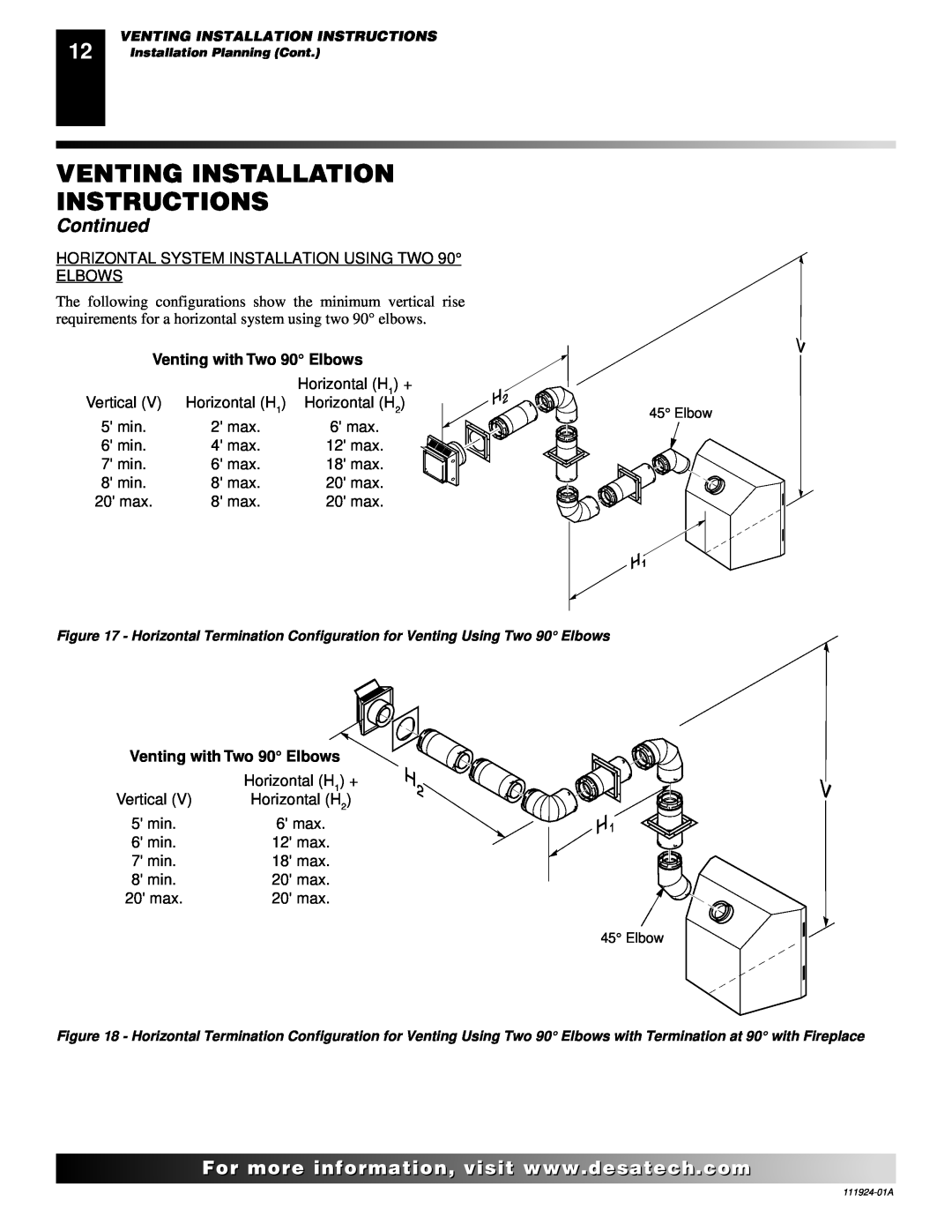 Desa K36EP, K36EN installation manual Venting Installation Instructions, Continued, Venting with Two 90 Elbows 
