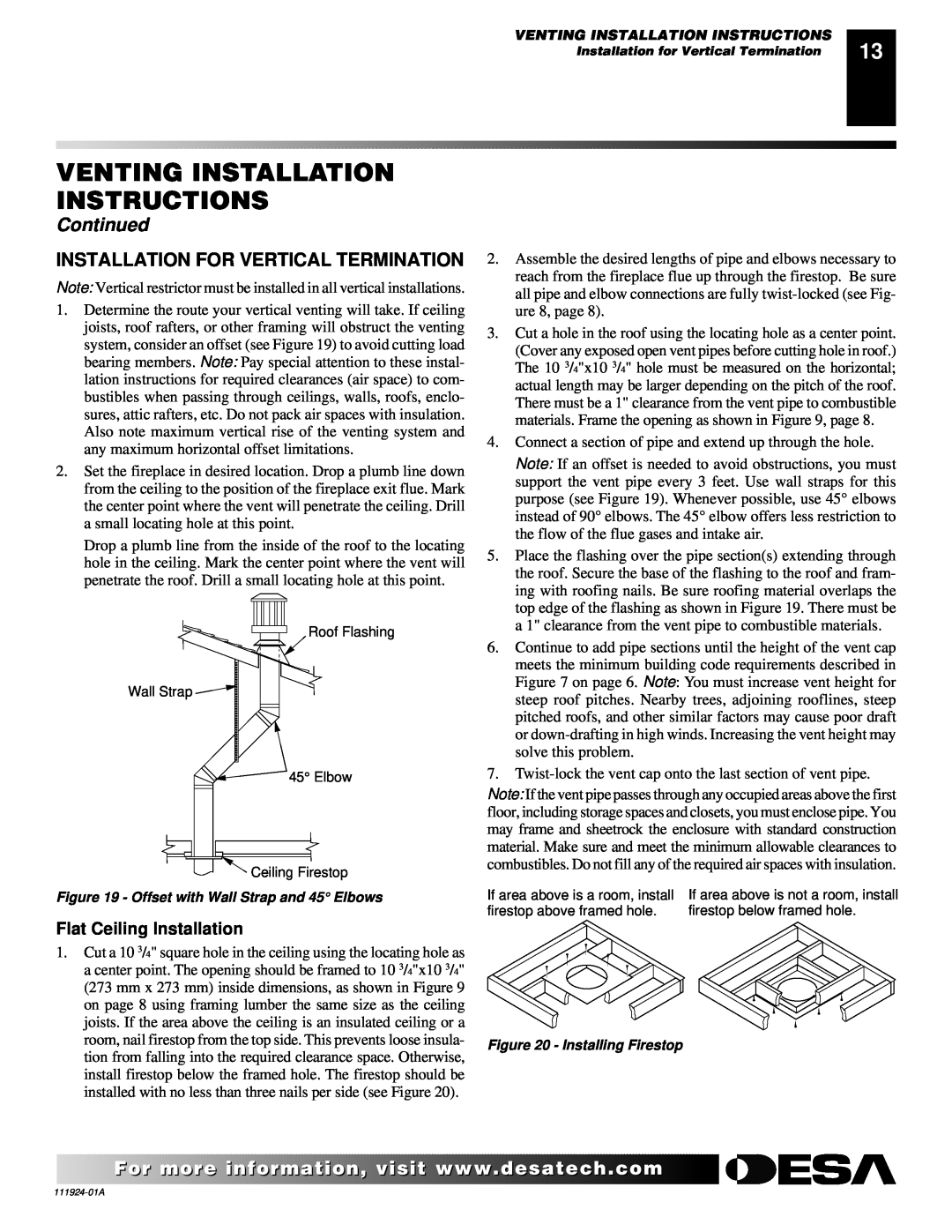 Desa K36EN Venting Installation Instructions, Continued, Installation For Vertical Termination, Flat Ceiling Installation 