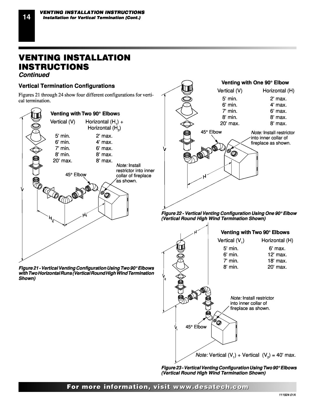 Desa K36EP Venting Installation Instructions, Continued, Vertical Termination Configurations, Venting with Two 90 Elbows 