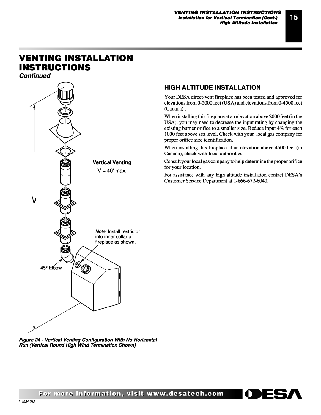 Desa K36EN, K36EP Venting Installation Instructions, Continued, High Altitude Installation, Vertical Venting 