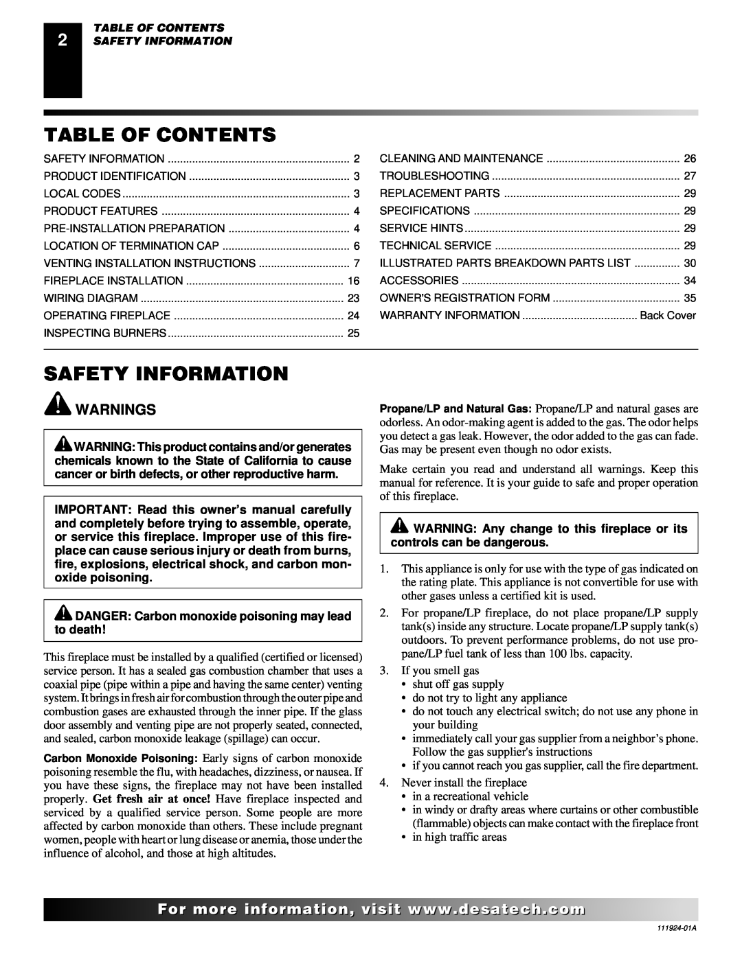Desa K36EP, K36EN installation manual Table Of Contents, Safety Information 