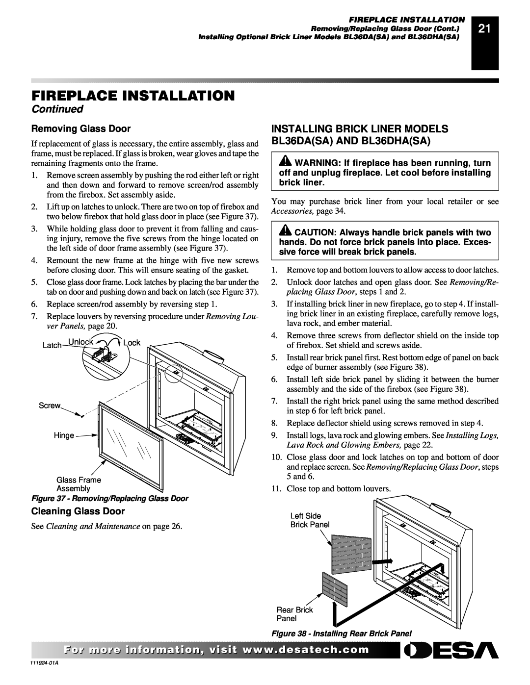 Desa K36EN, K36EP installation manual Fireplace Installation, Continued, Removing Glass Door, Cleaning Glass Door 