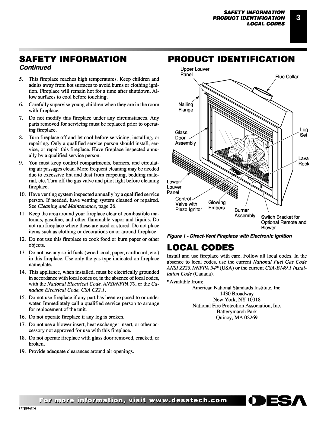 Desa K36EN, K36EP installation manual Product Identification, Local Codes, Continued, Safety Information 