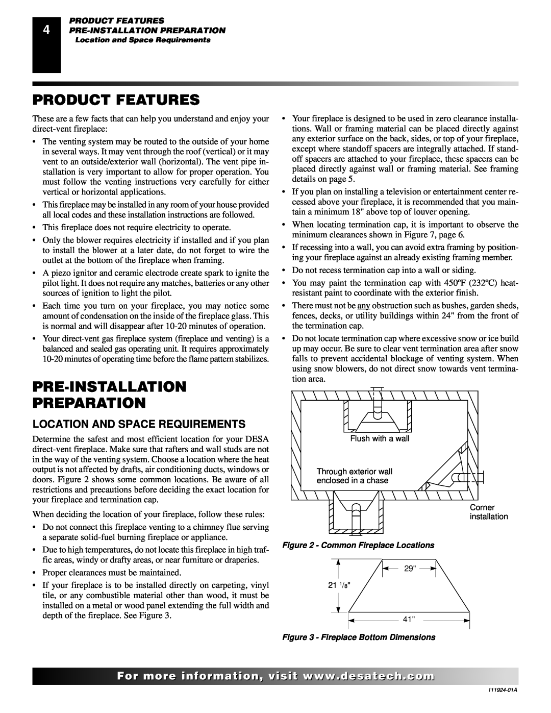 Desa K36EP, K36EN installation manual Product Features, Pre-Installation Preparation, Location And Space Requirements 