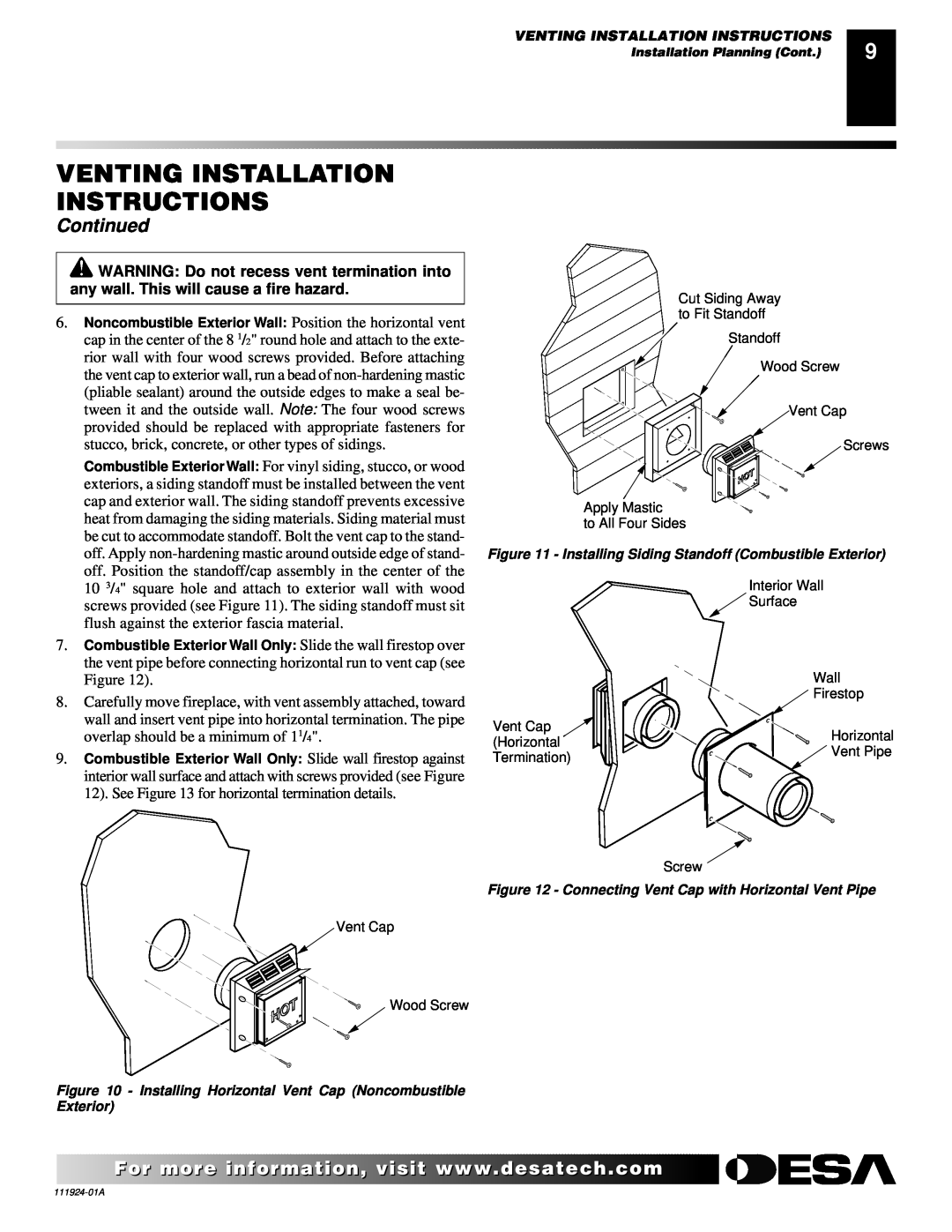 Desa K36EN, K36EP installation manual Venting Installation Instructions, Continued, Exterior 