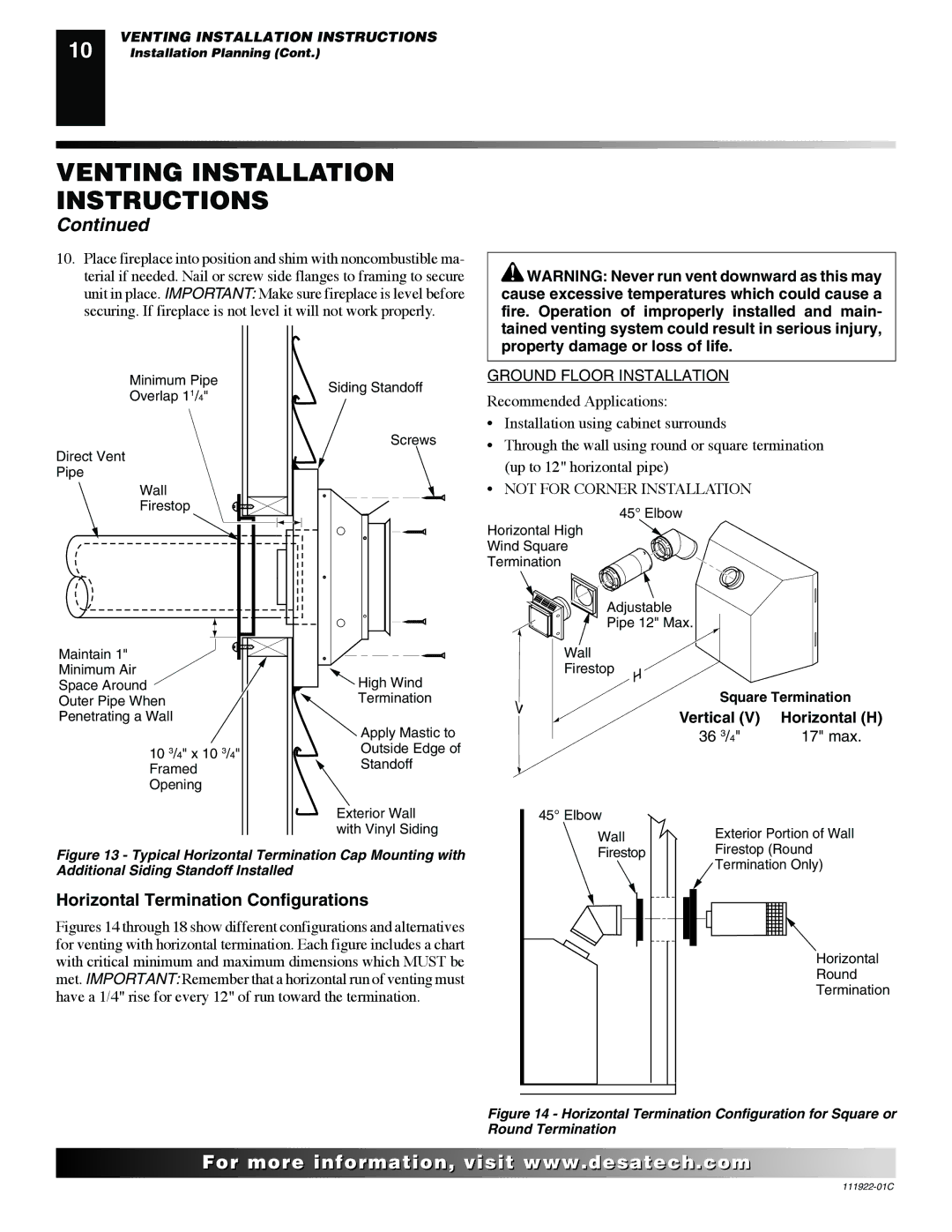 Desa K42EP, K42EN installation manual Horizontal Termination Configurations, Ground Floor Installation 