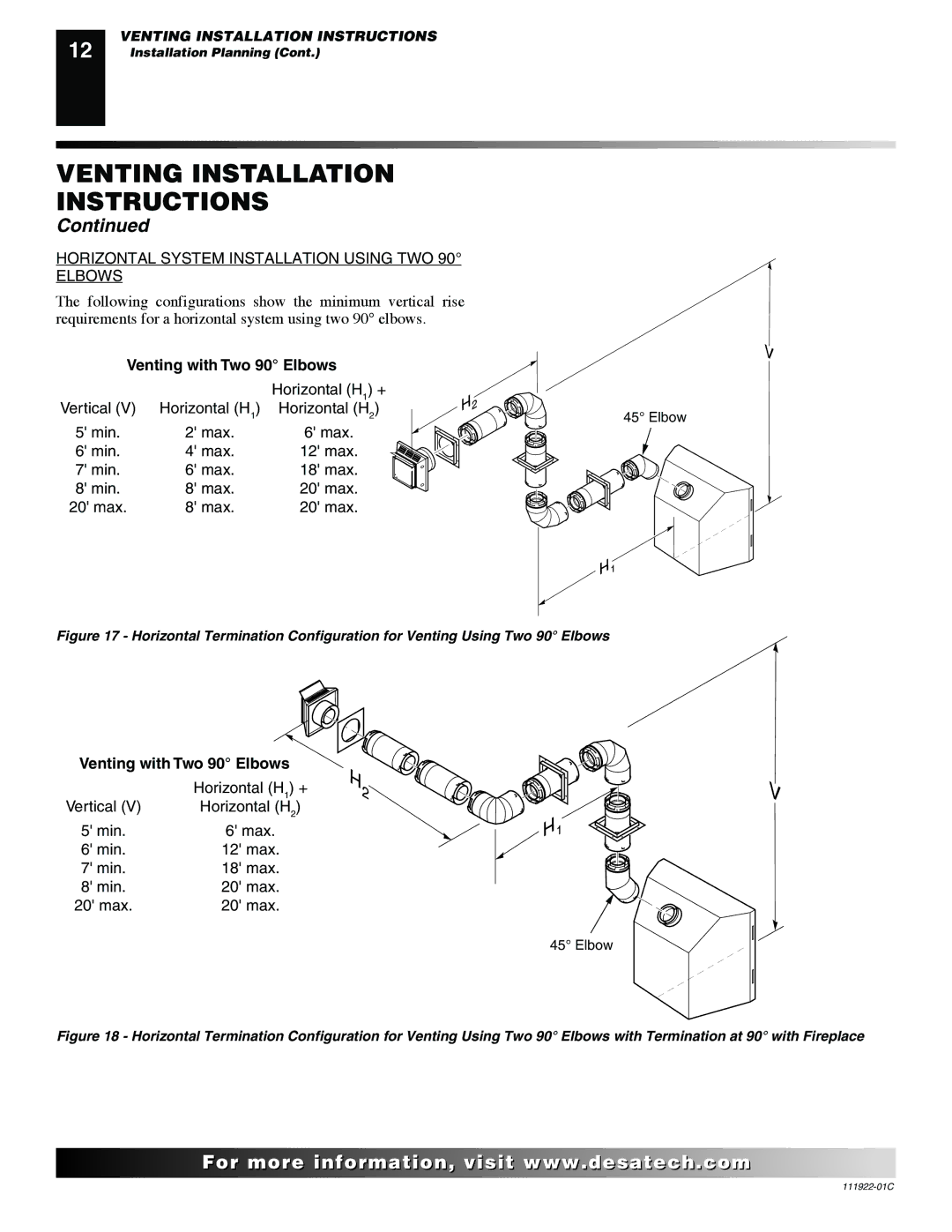 Desa K42EP, K42EN installation manual Venting with Two 90 Elbows 