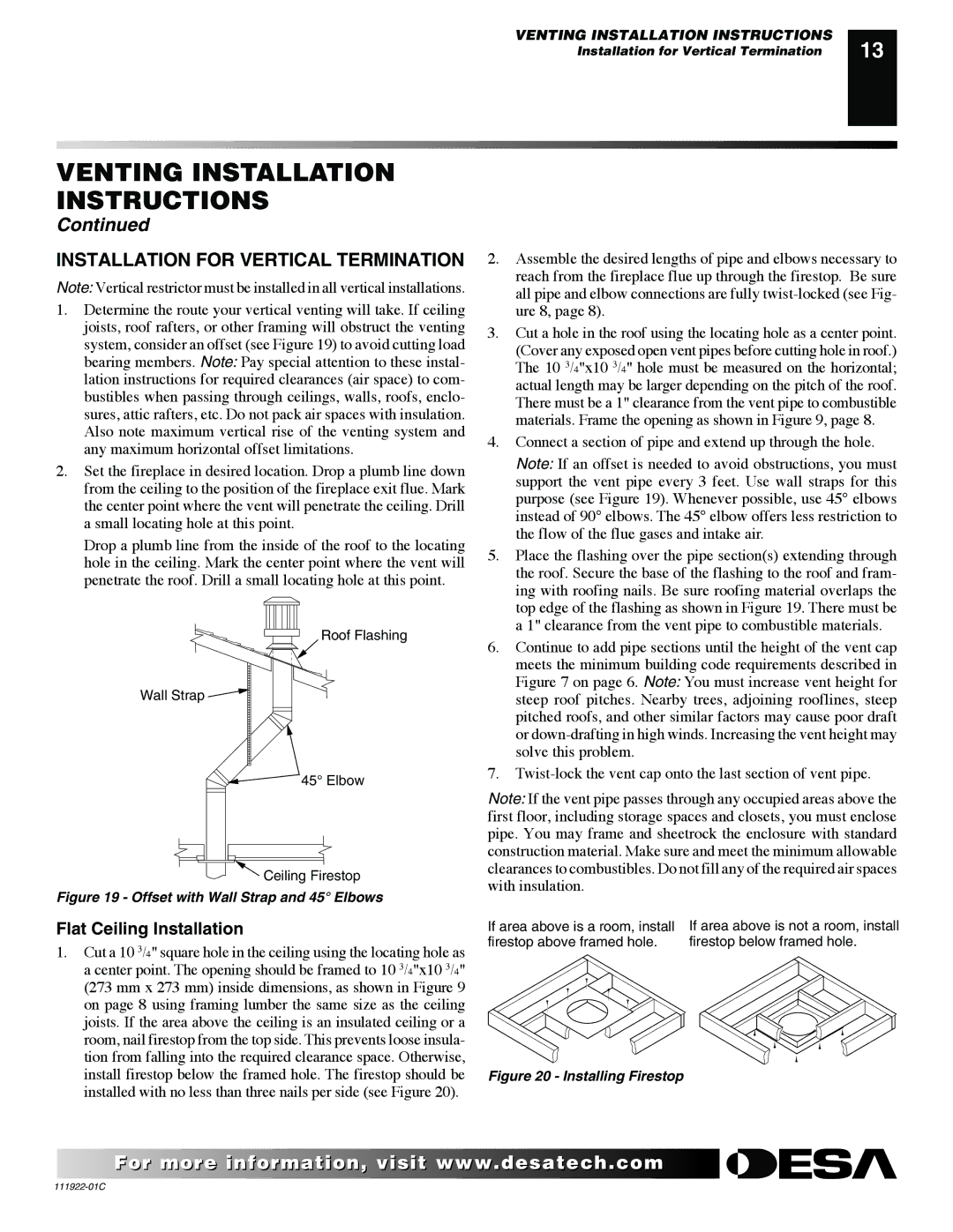 Desa K42EN, K42EP installation manual Installation for Vertical Termination, Flat Ceiling Installation 