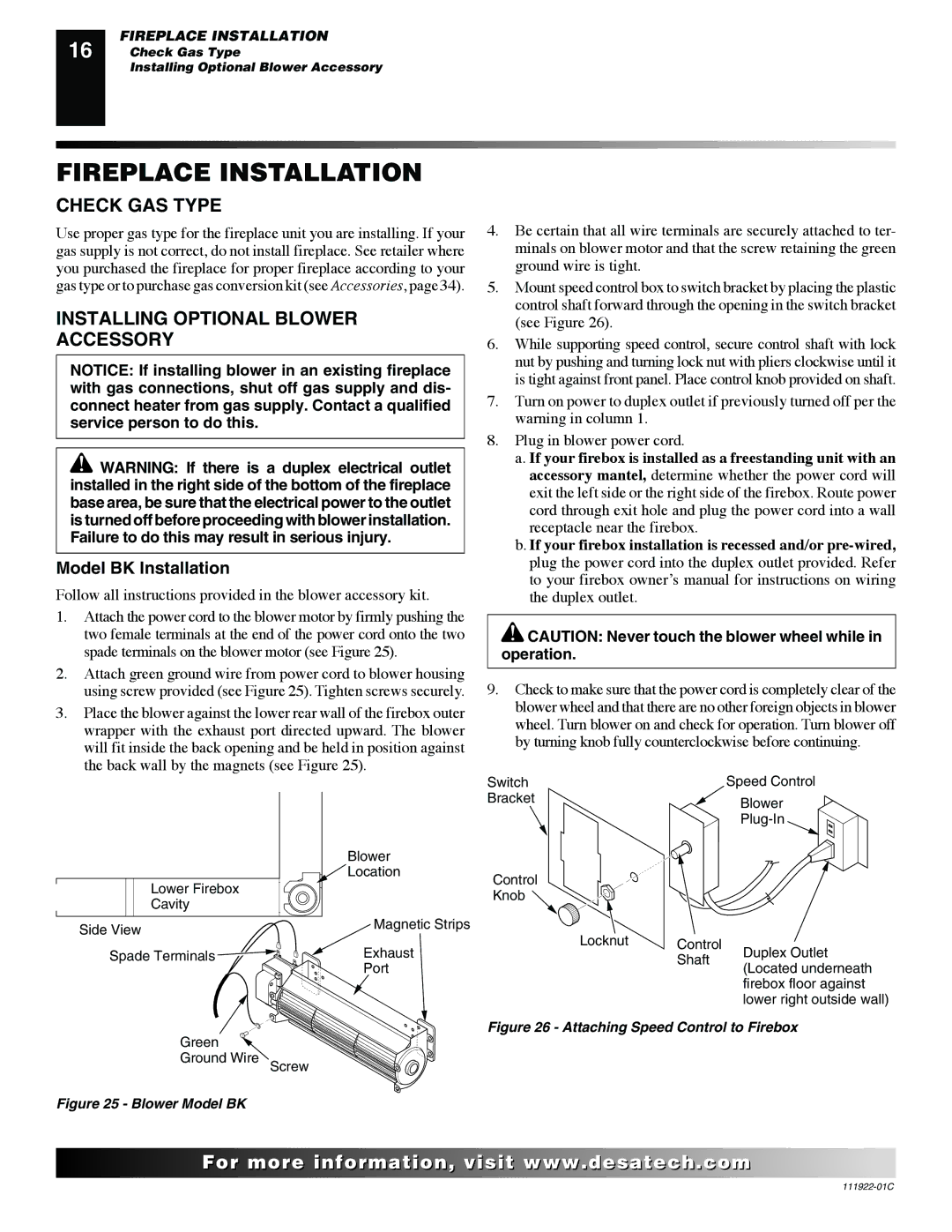 Desa K42EP, K42EN Fireplace Installation, Check GAS Type, Installing Optional Blower Accessory, Model BK Installation 