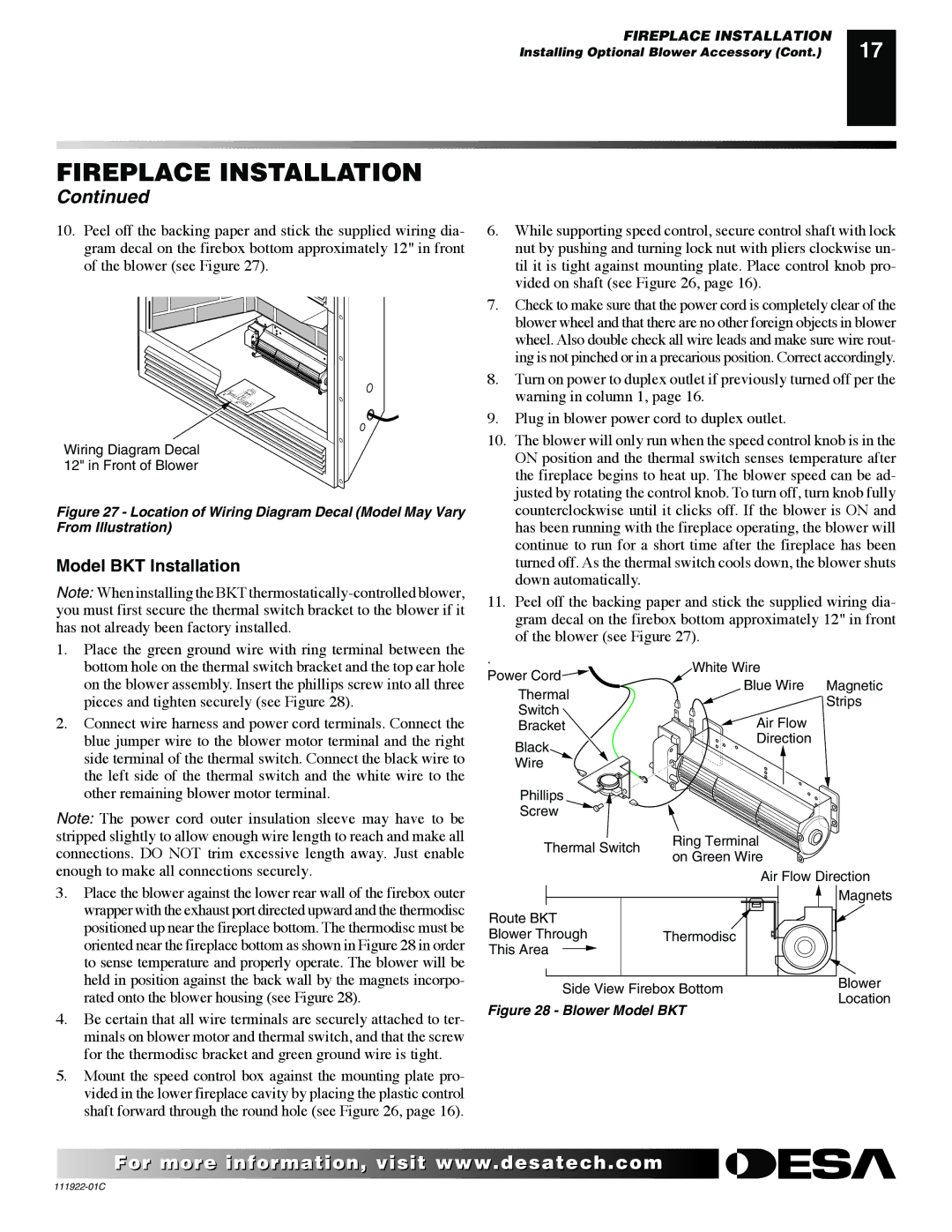 Desa K42EN, K42EP installation manual Model BKT Installation, Blower Model BKT 