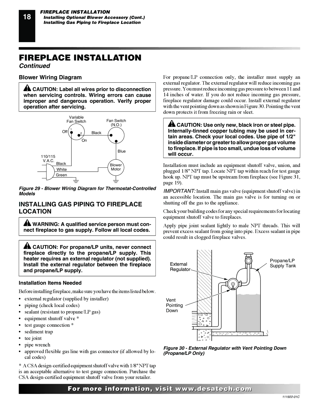 Desa K42EP, K42EN installation manual Installing GAS Piping to Fireplace Location, Blower Wiring Diagram 