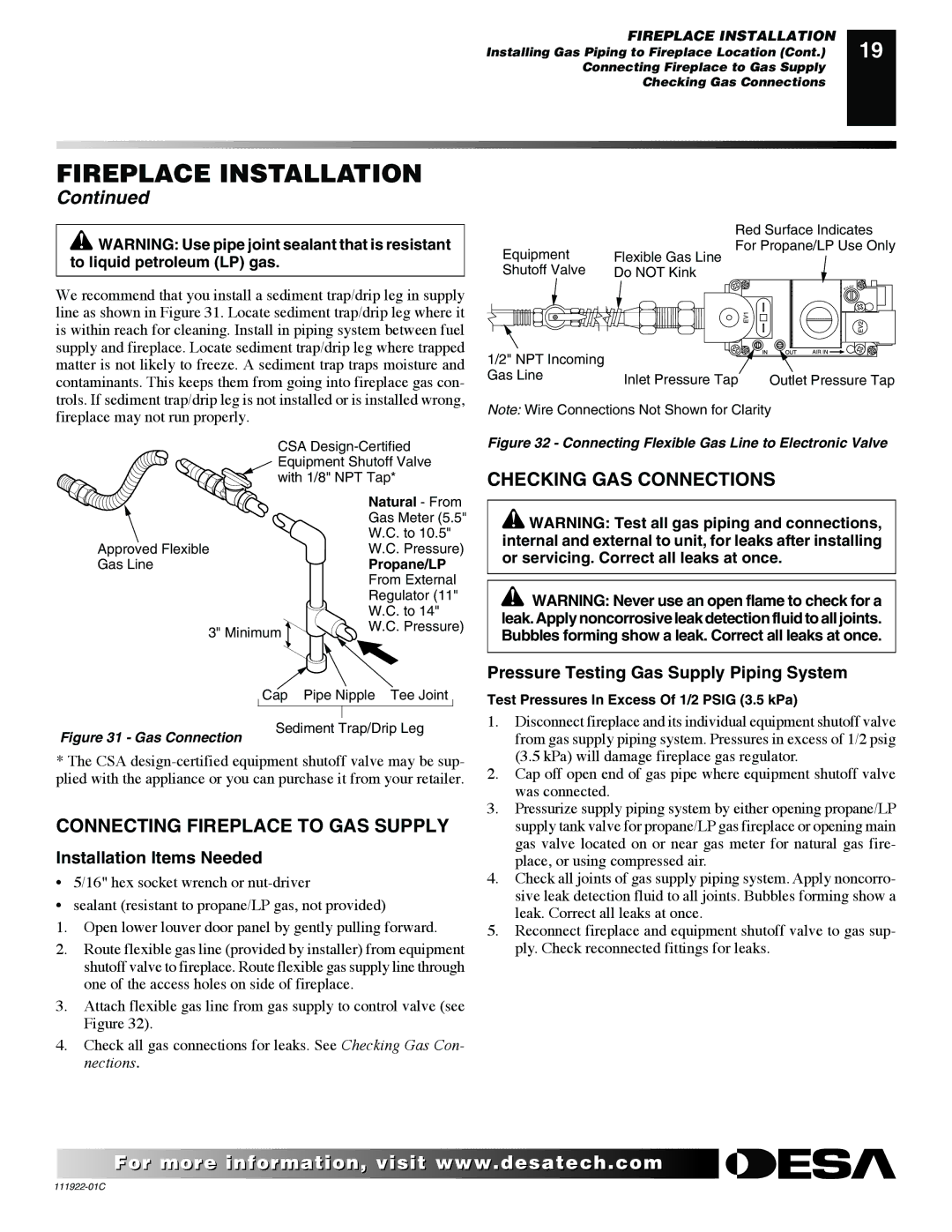 Desa K42EN, K42EP Checking GAS Connections, Connecting Fireplace to GAS Supply, Pressure Testing Gas Supply Piping System 