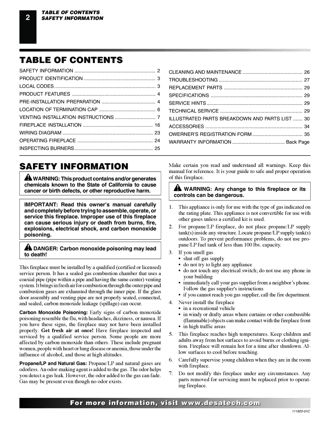 Desa K42EP, K42EN installation manual Table of Contents, Safety Information 