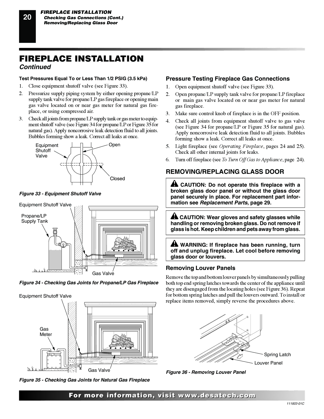 Desa K42EP, K42EN REMOVING/REPLACING Glass Door, Pressure Testing Fireplace Gas Connections, Removing Louver Panels 