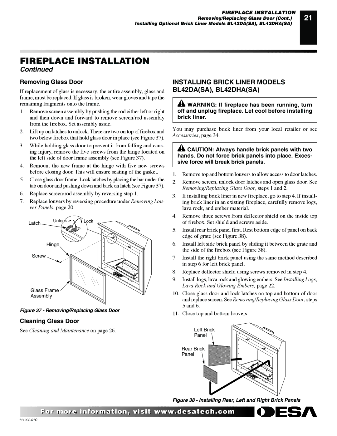 Desa K42EN, K42EP installation manual Removing Glass Door, Cleaning Glass Door 