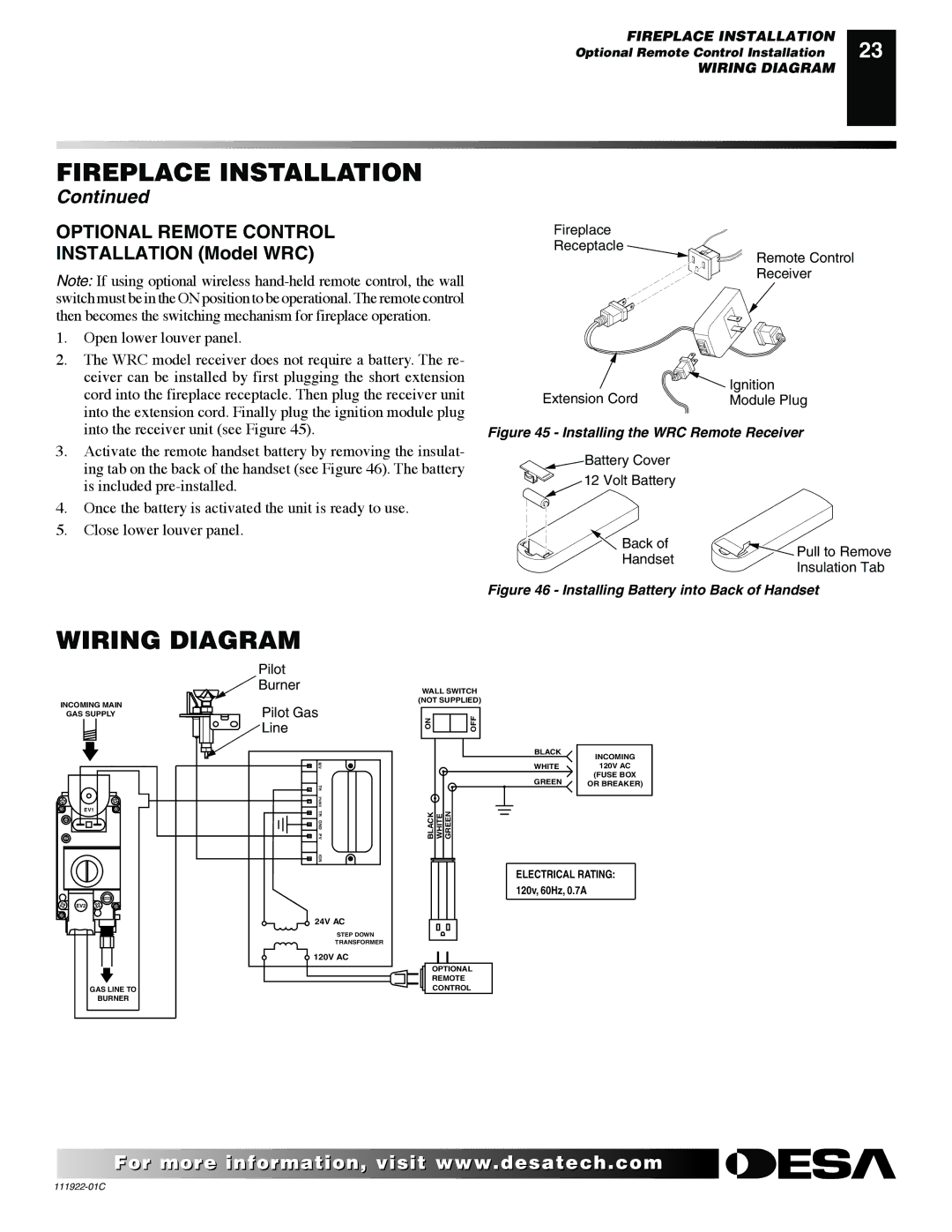 Desa K42EN, K42EP installation manual Wiring Diagram, Optional Remote Control 