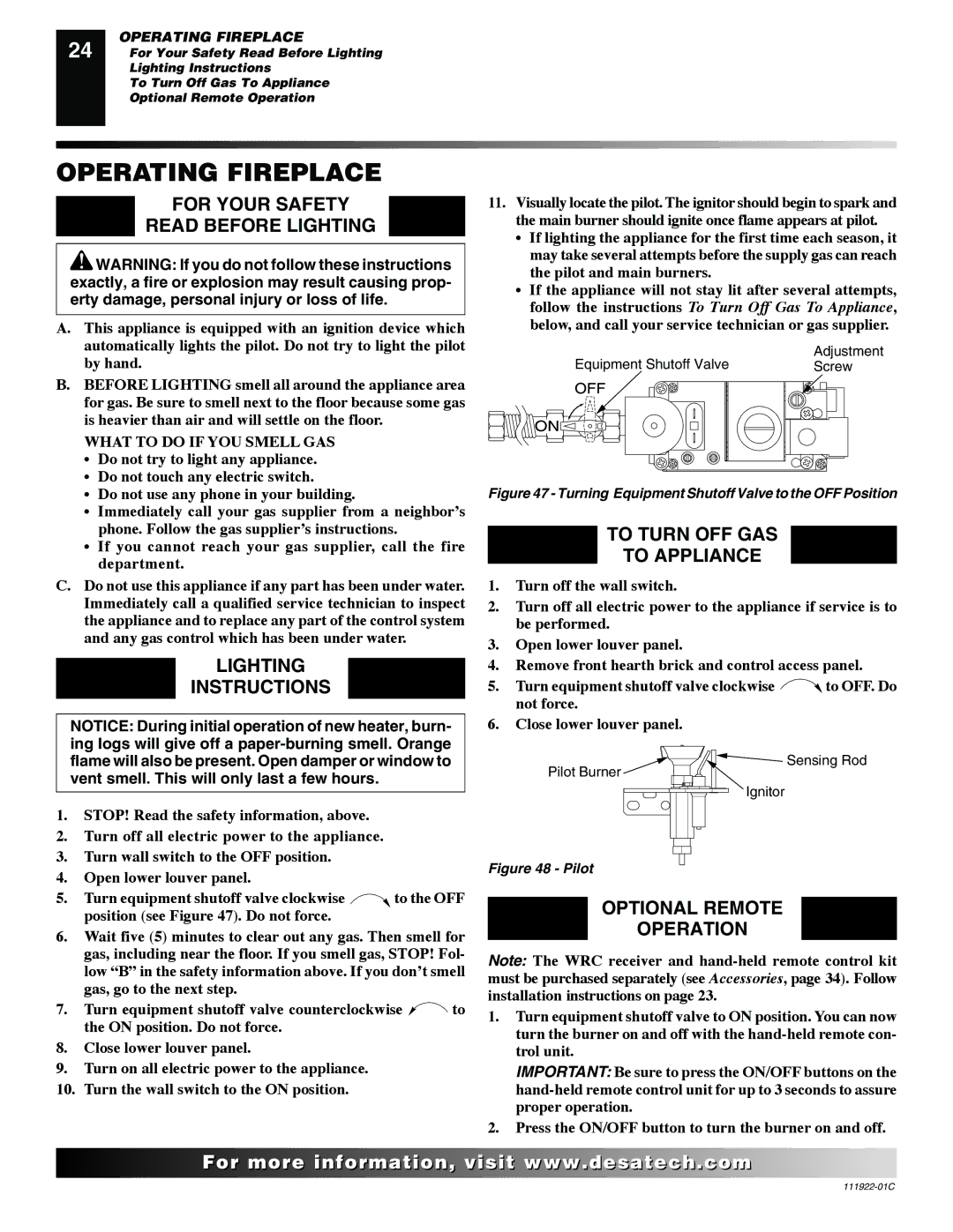 Desa K42EP Operating Fireplace, For Your Safety Read Before Lighting, Lighting Instructions, To Turn OFF GAS To Appliance 