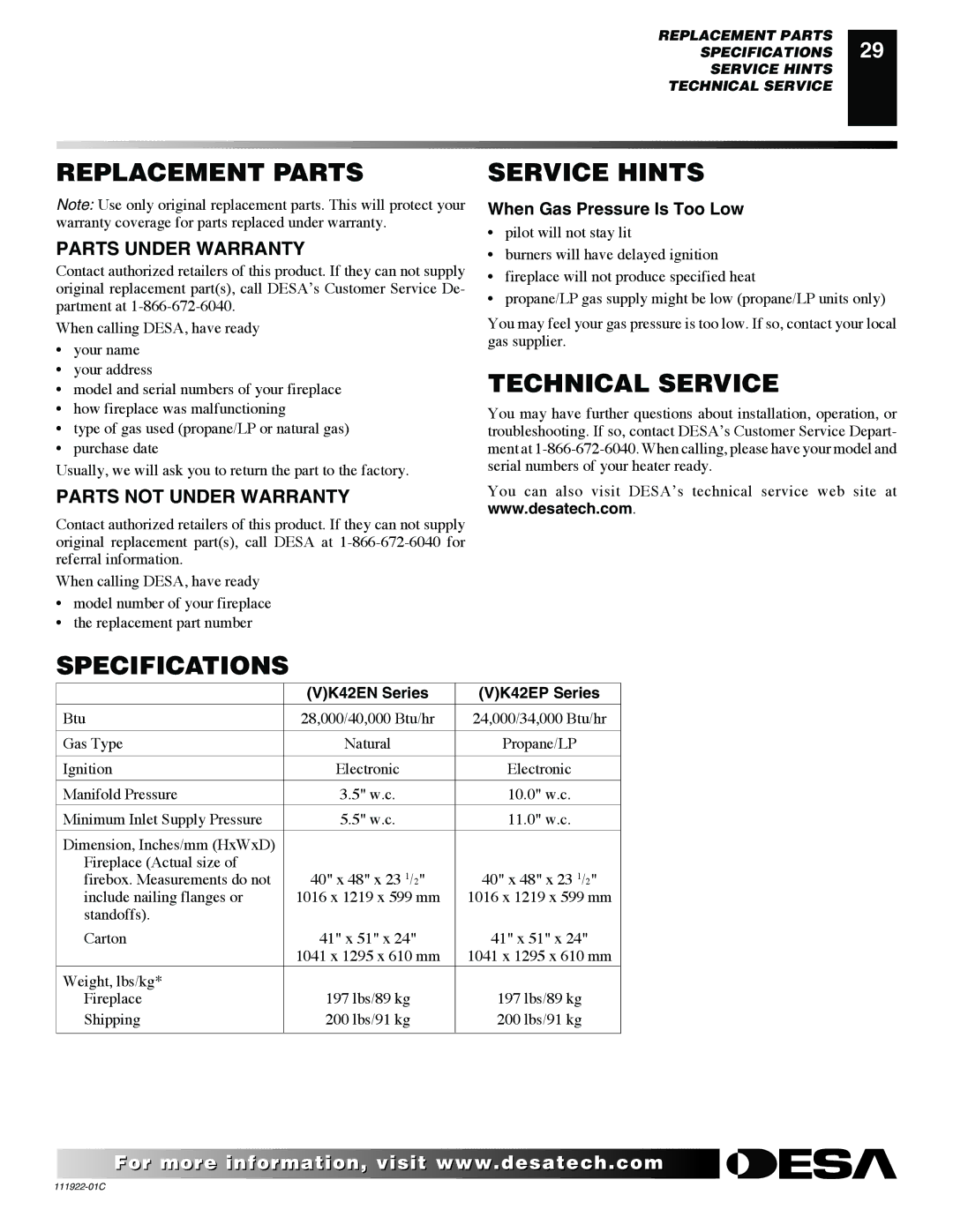 Desa K42EN, K42EP Replacement Parts Service Hints, Technical Service, Specifications, Parts Under Warranty 