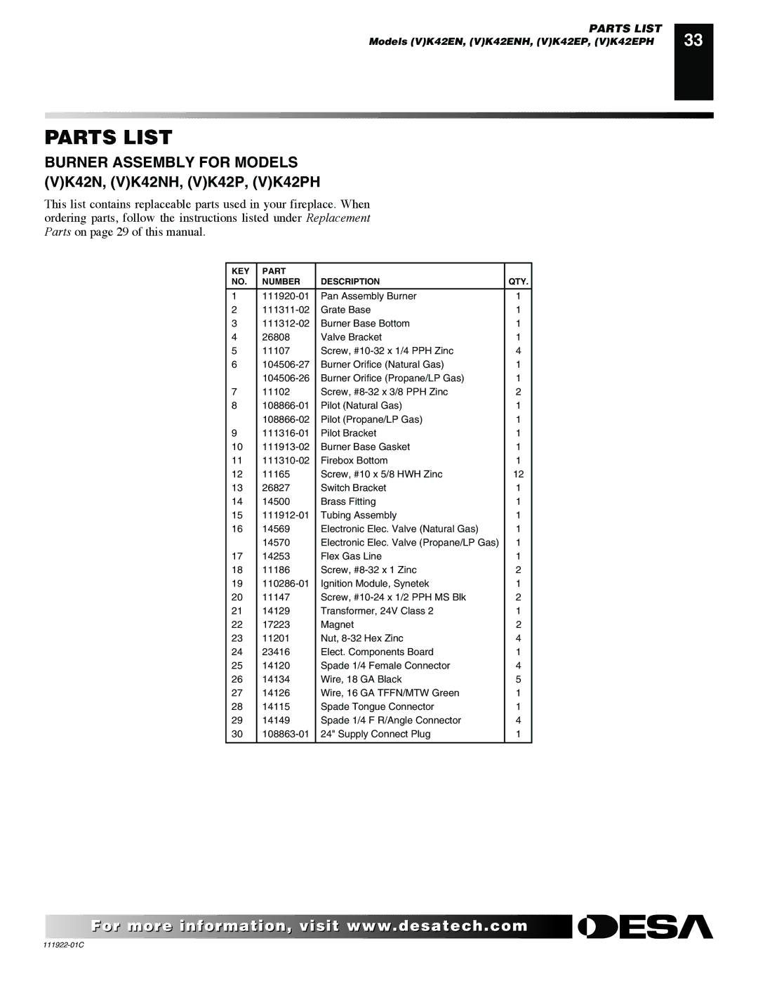 Desa K42EN, K42EP installation manual Burner Assembly for Models VK42N, VK42NH, VK42P, VK42PH 