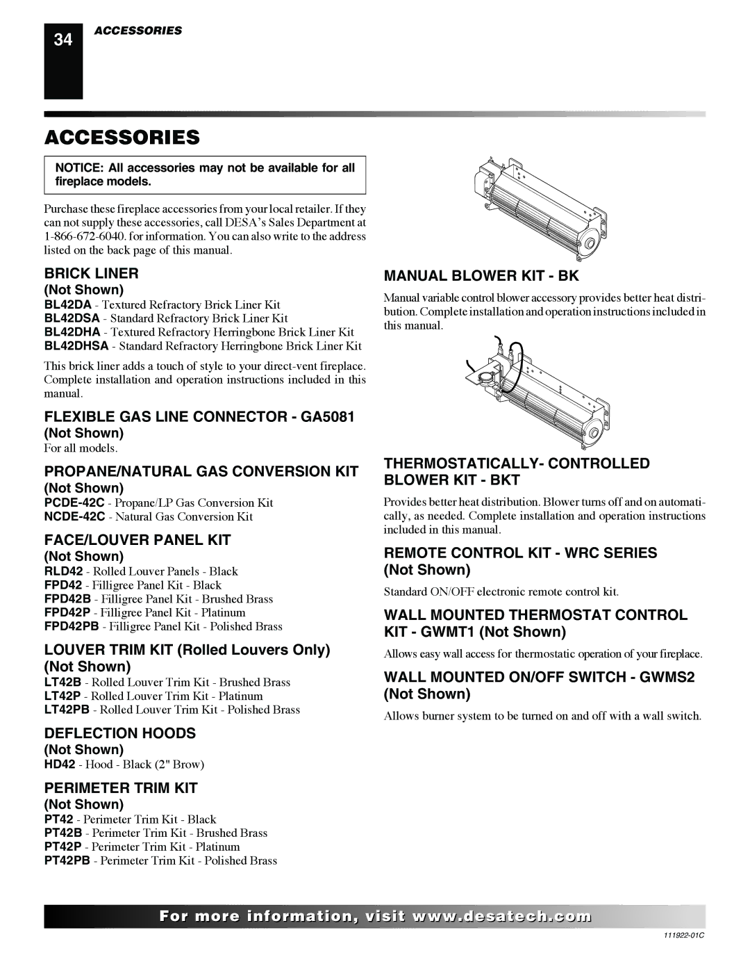 Desa K42EP, K42EN installation manual Accessories 