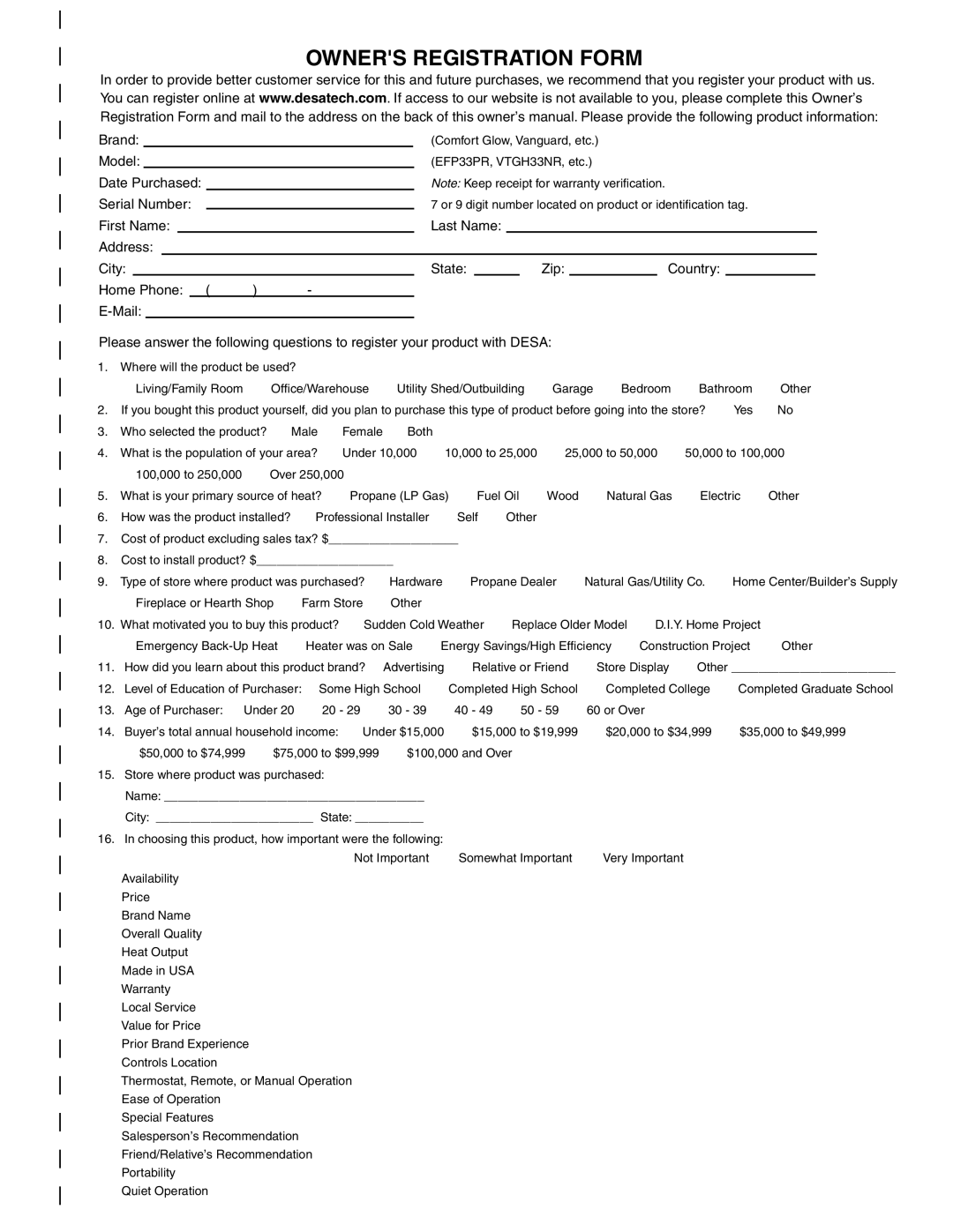 Desa K42EN, K42EP installation manual Owners Registration Form 