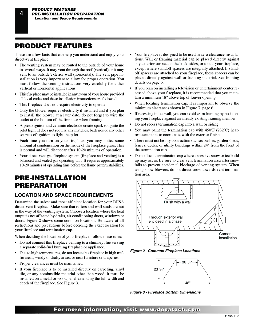 Desa K42EP, K42EN installation manual Product Features, PRE-INSTALLATION Preparation, Location and Space Requirements 