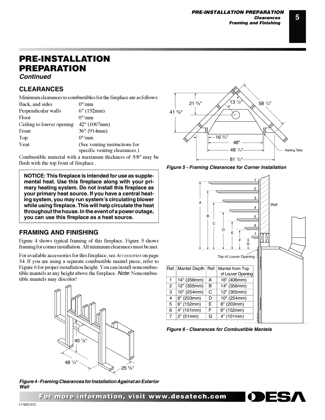 Desa K42EN, K42EP installation manual Clearances, Framing and Finishing 