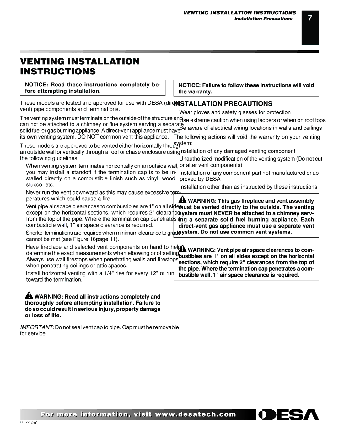 Desa K42EN, K42EP installation manual Venting Installation Instructions, Installation Precautions 