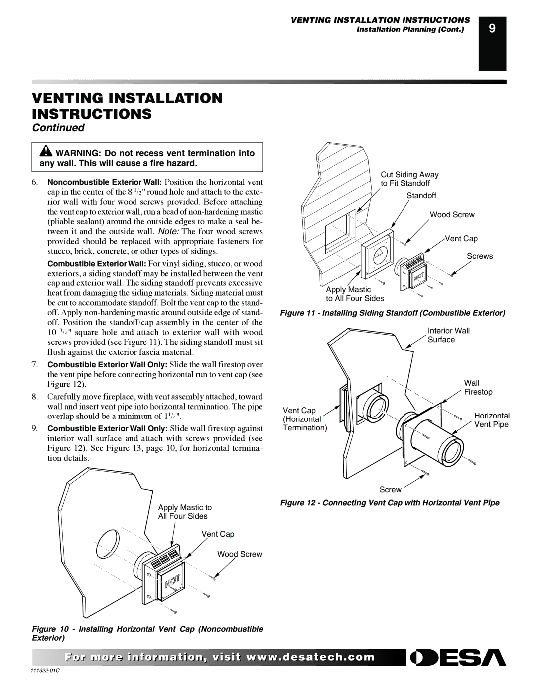 Desa K42EN, K42EP installation manual Installing Siding Standoff Combustible Exterior 