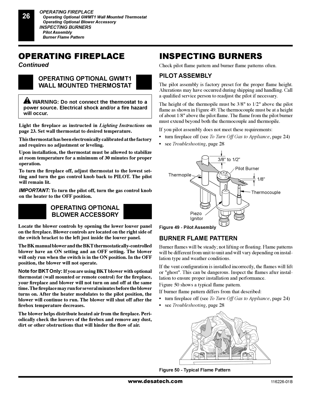 Desa KC36N SERIES, KC36P SERIES Inspecting Burners, Operating Optional GWMT1 Wall Mounted Thermostat, Pilot Assembly 